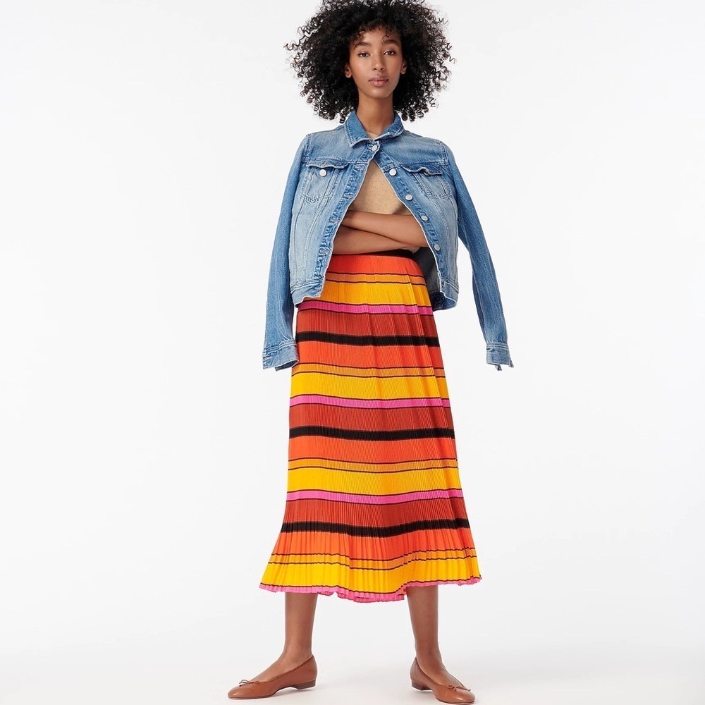 NWT!! J. CREW Straight Pleat Multistripe Midi Skirt Orange Pink Black Size 4